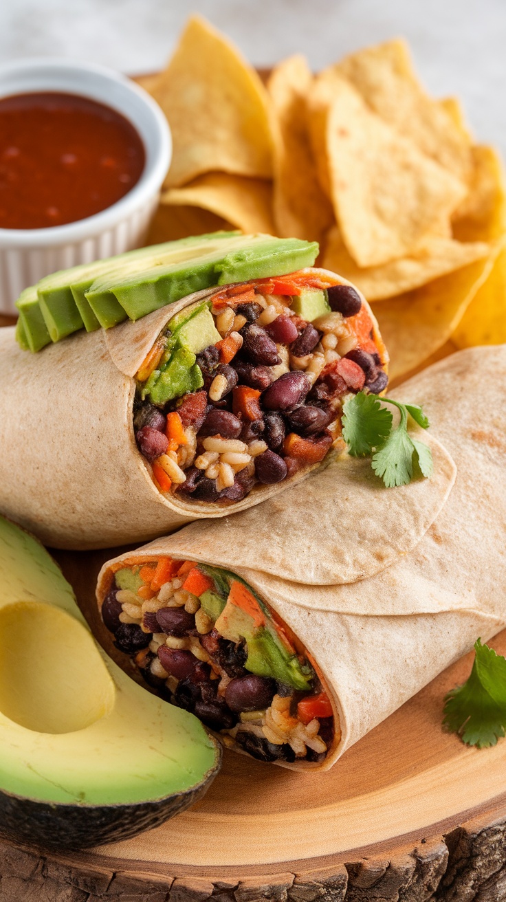 A delicious vegan black bean burrito with colorful fillings, served with sauce and tortilla chips.